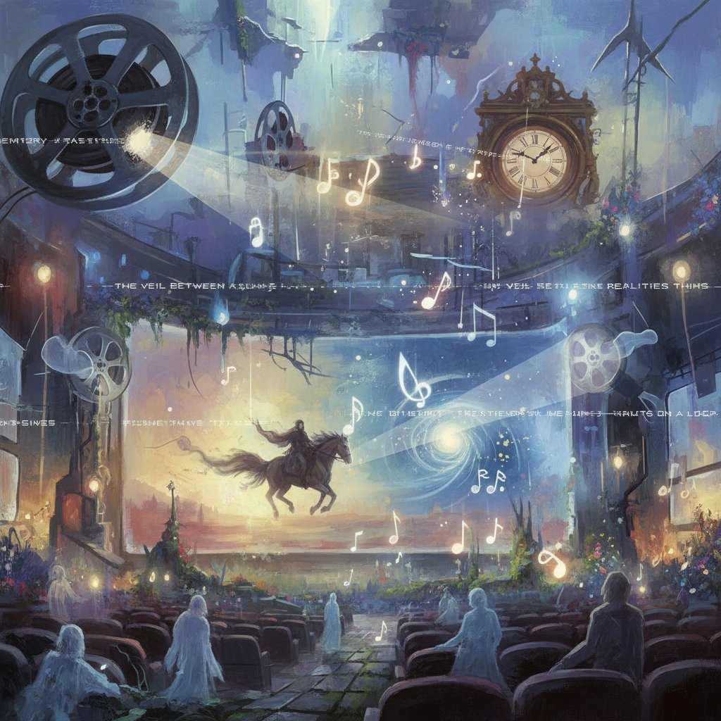 Dreamlike, fragmented scene from a landmark surreal film, bold colors and disjointed imagery, referencing 'The Holy Mountain'