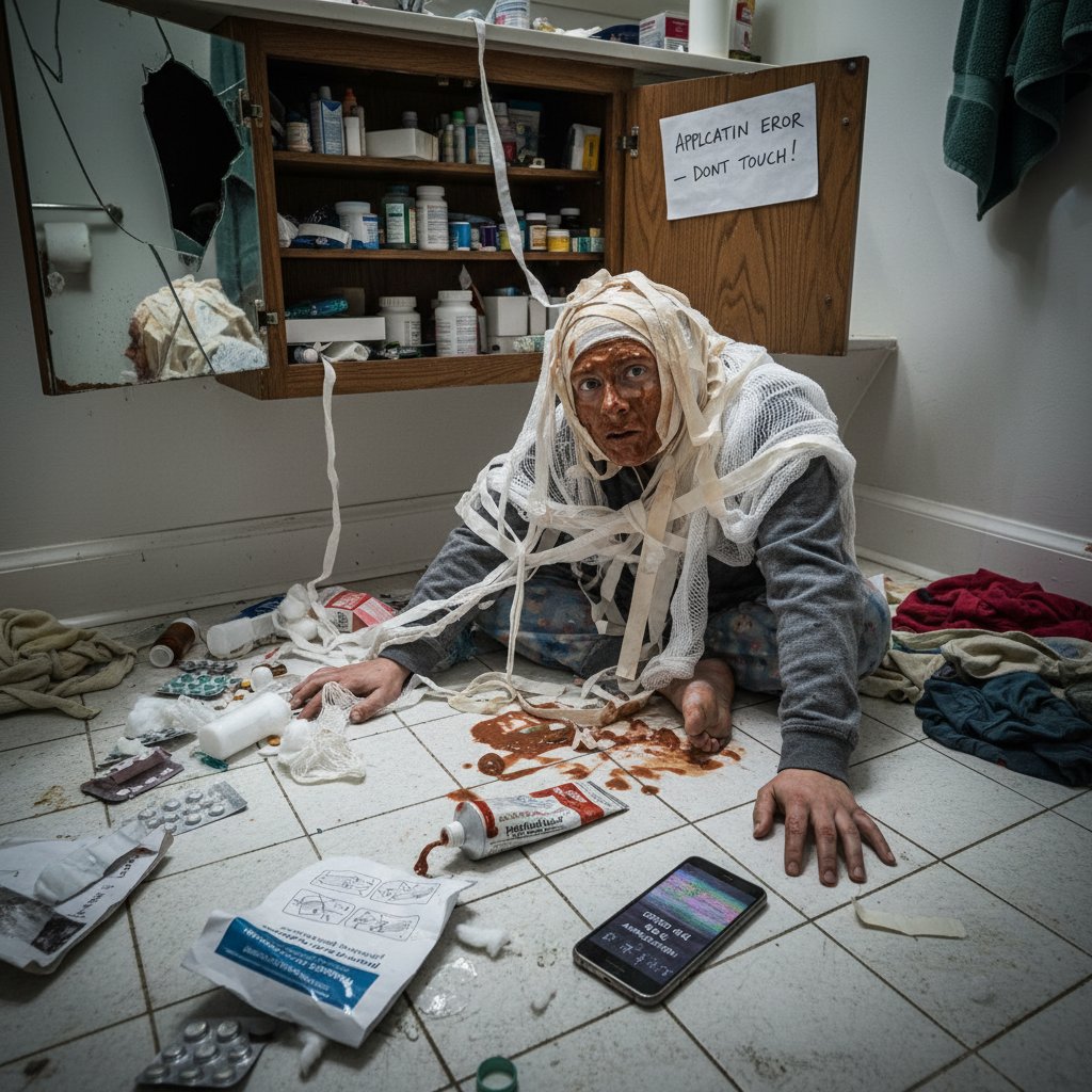 Błędy w aplikacji opatrunku – nieumiejętnie założony opatrunek, chaos w domowej apteczce, domowy stół