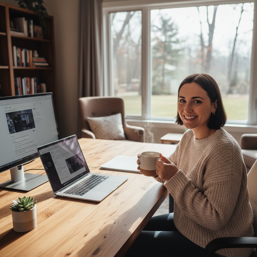 Osoba pijąca kawę podczas pracy, uśmiechnięta twarz, naturalne światło, domowe biuro