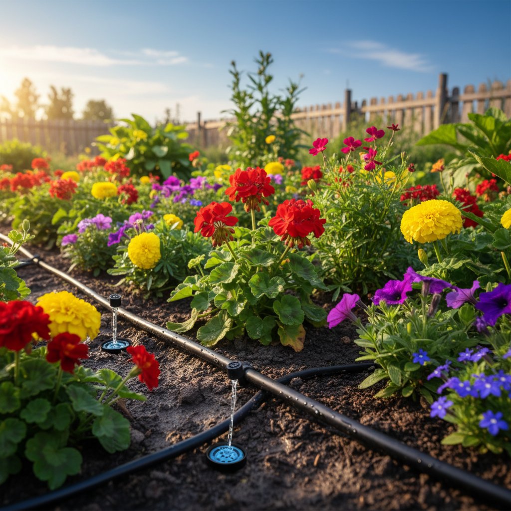 Nowoczesny system nawadniania kropelkowego w słonecznej rabacie