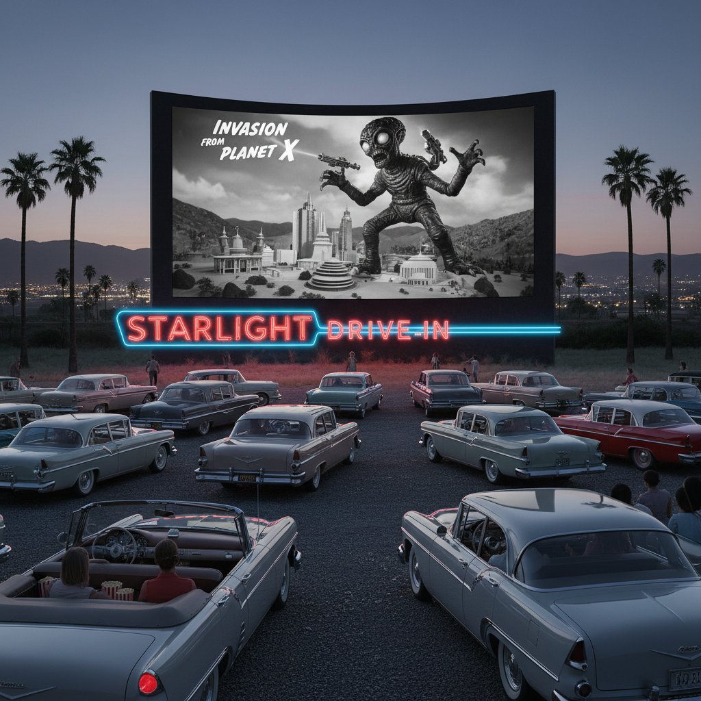 Cinematic photo of a 1950s drive-in showing a sci-fi alien film under the stars