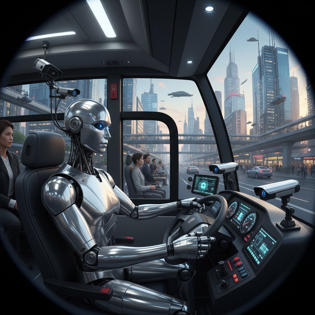 Kamera monitorująca kierowcę autobusu w polskim mieście, AI analizuje obraz