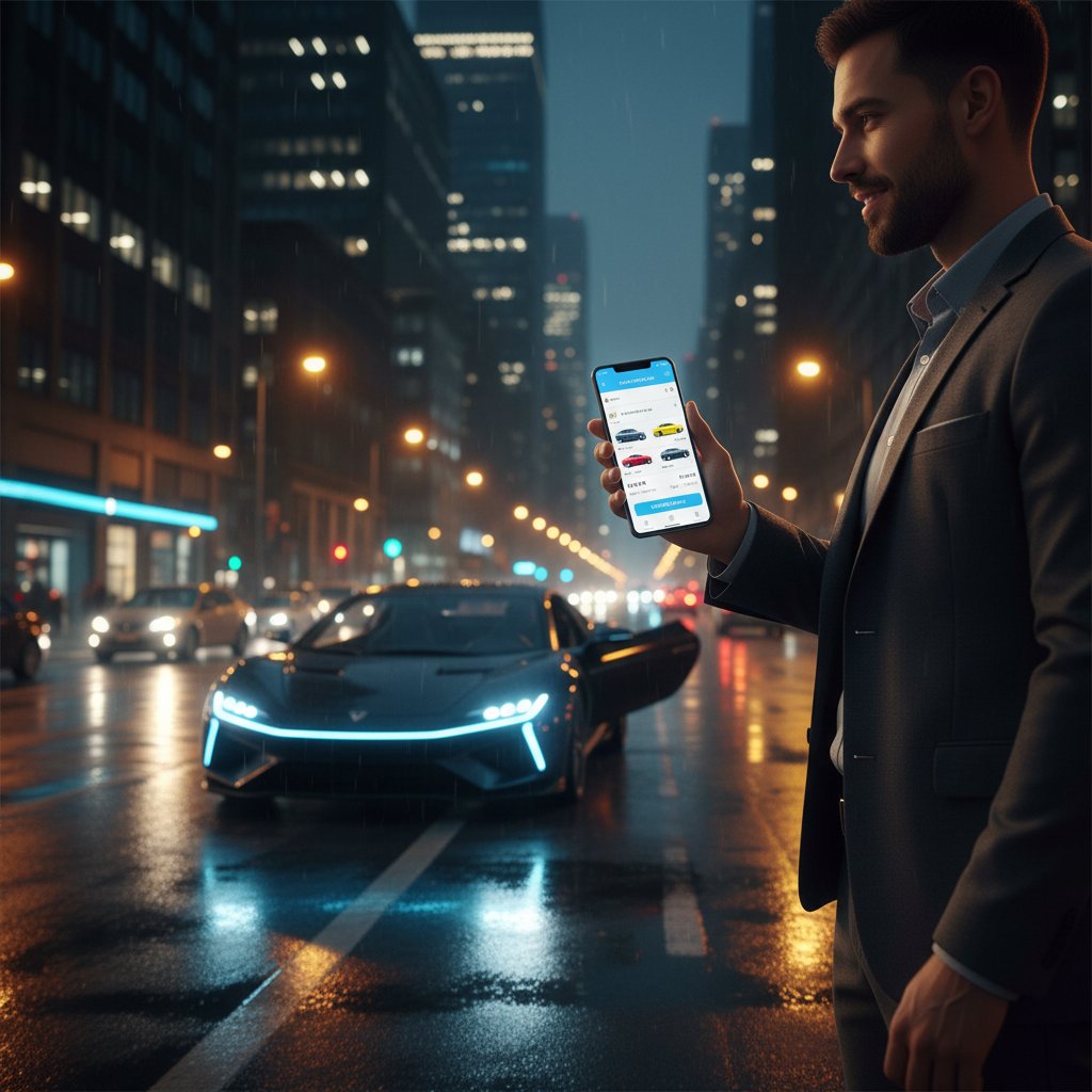 Driver accessing car subscription service with smartphone downtown, modern city, night lights
