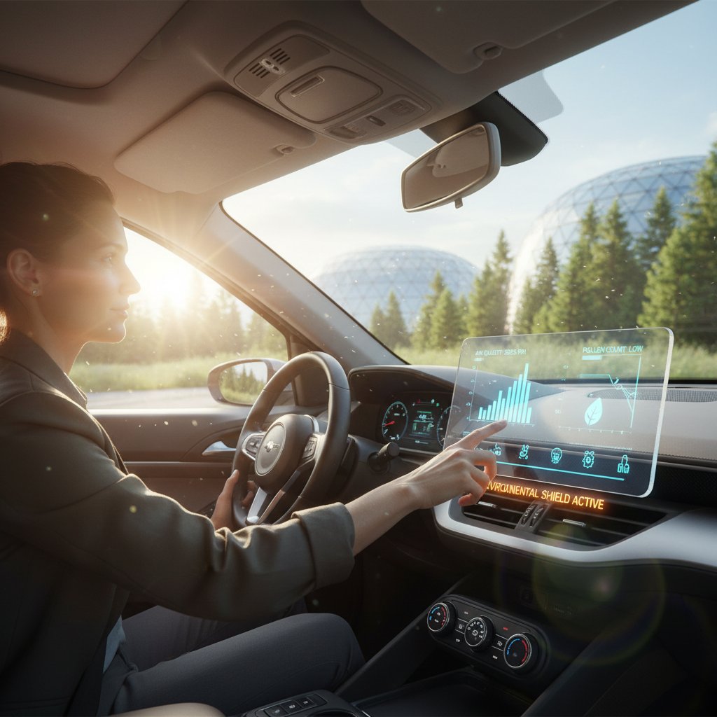 Driver taking charge of their vehicle’s air quality in 2025, sunlight streaming in