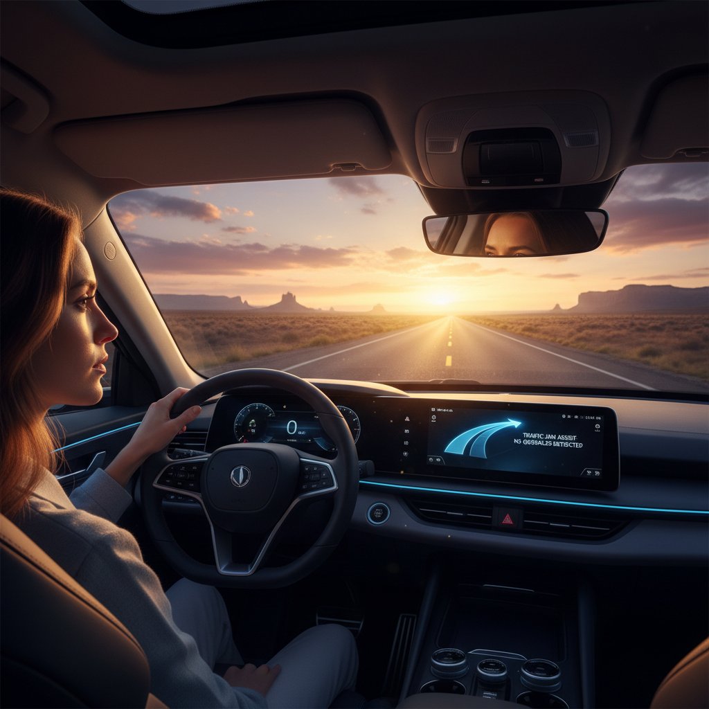 Thoughtful driver at sunset, contemplating the future with traffic jam assist on empty highway