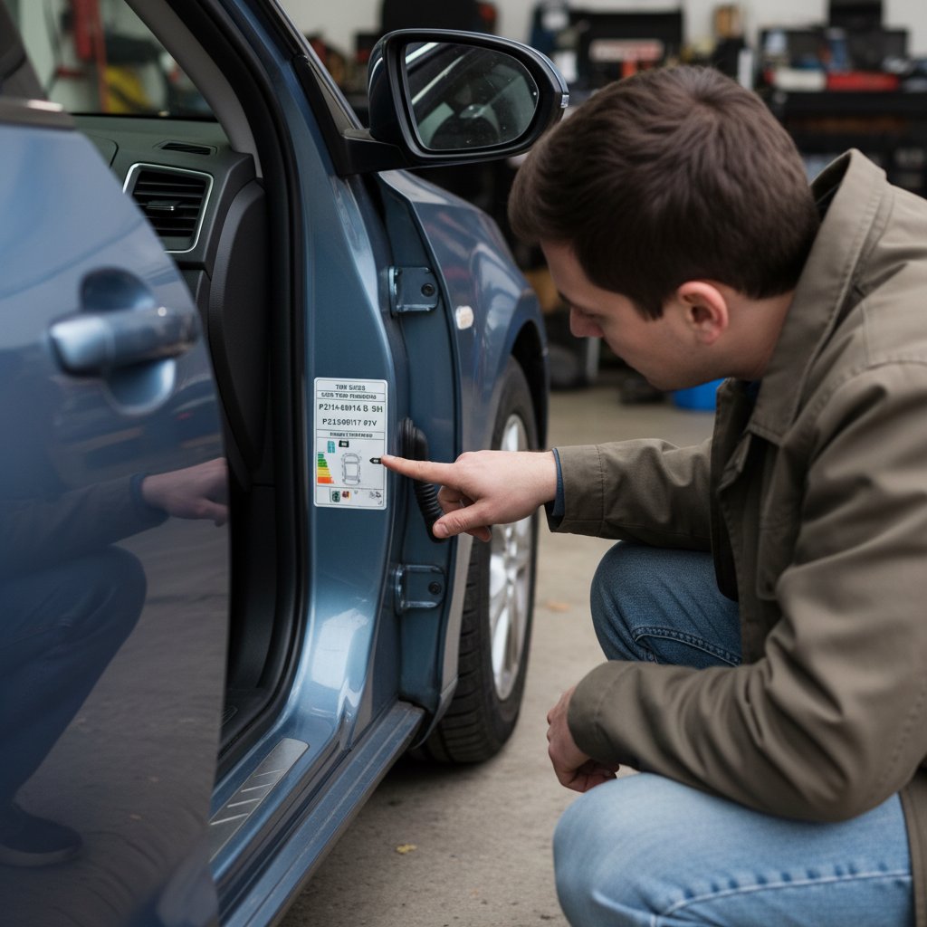 Driver checking tire placard on car door, tire sizing guide process, close-up