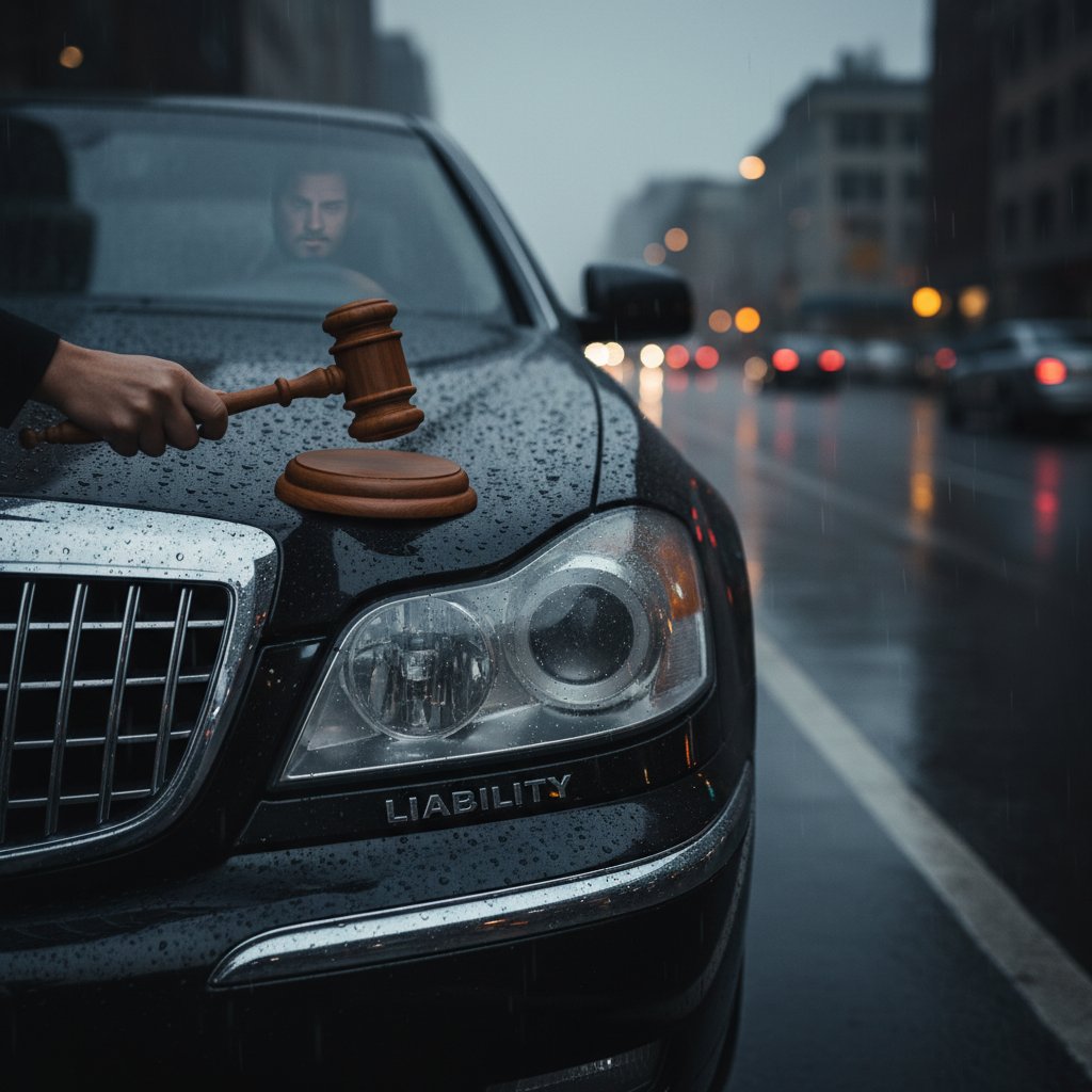 Symbolic photo of a driver and a judge’s gavel reflected on a car windshield, moody lighting, 16:9