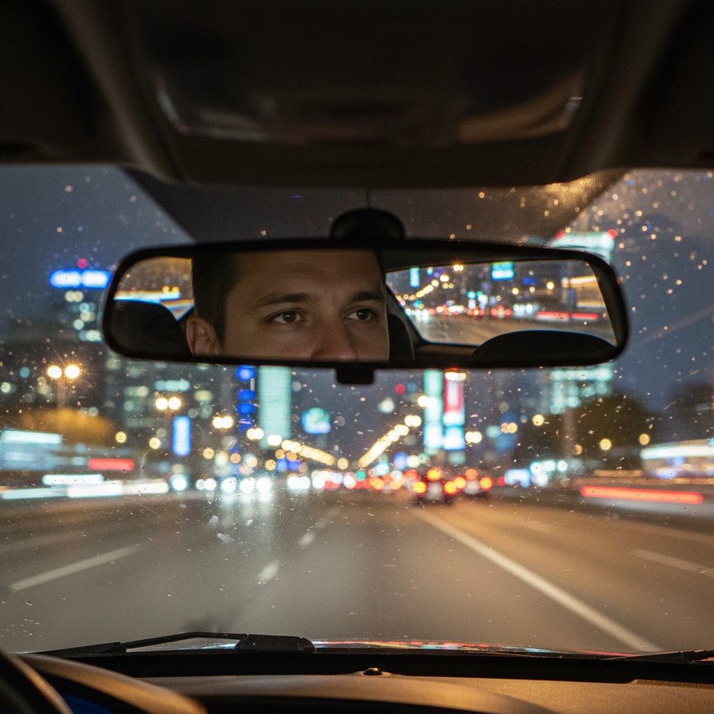 Driver’s reflection in mirror, urban night, contemplating choice.