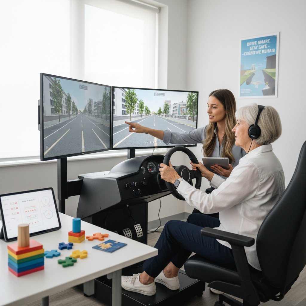 Driver rehabilitation specialist conducting cognitive assessment with senior patient