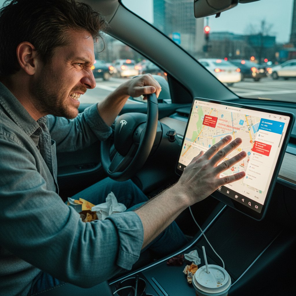Over-the-shoulder photo of a driver struggling to operate a Tesla Model Y touchscreen, emphasizing infotainment frustration