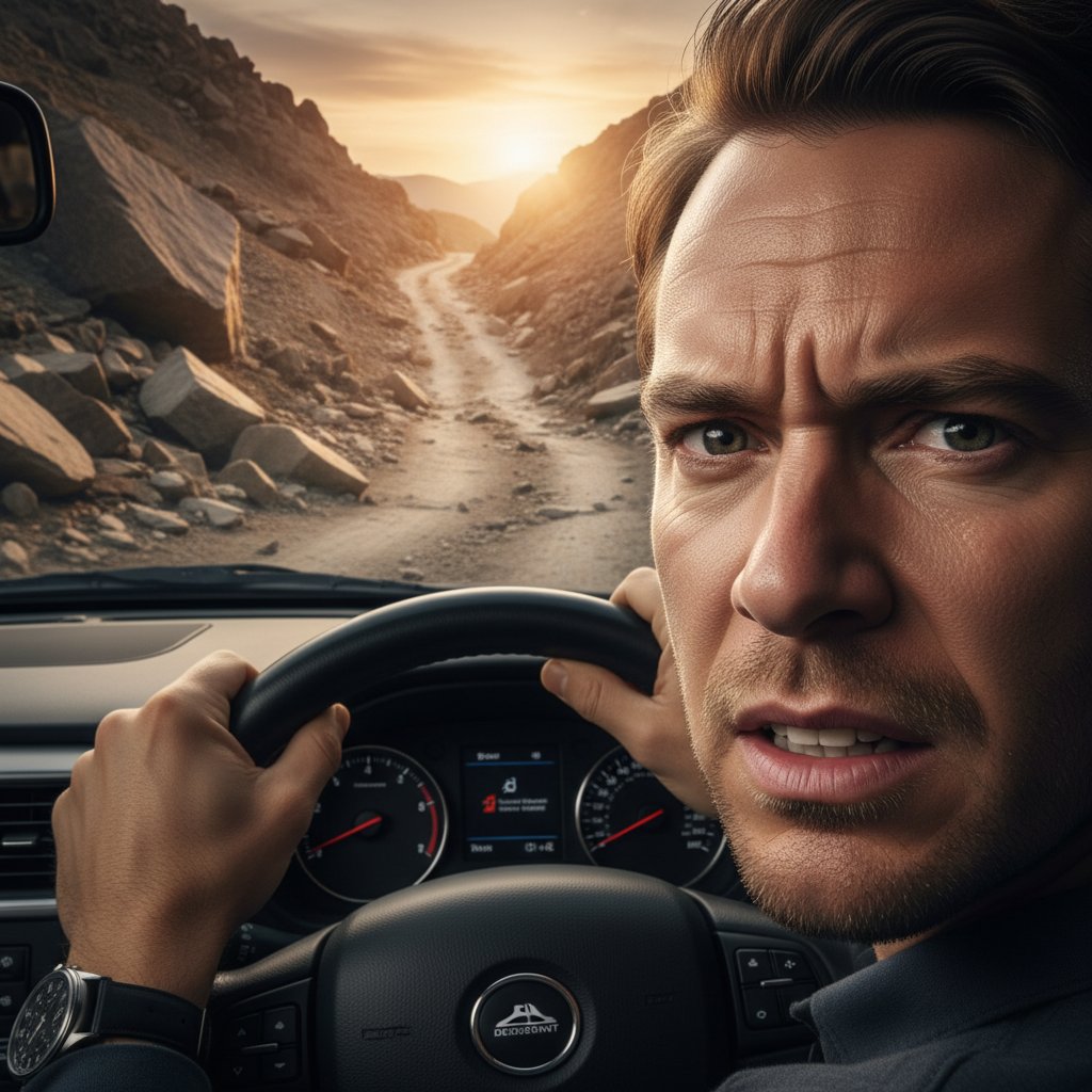 Close-up of a driver’s tense expression gripping steering wheel, rocky hill descent outside, hill descent anxiety