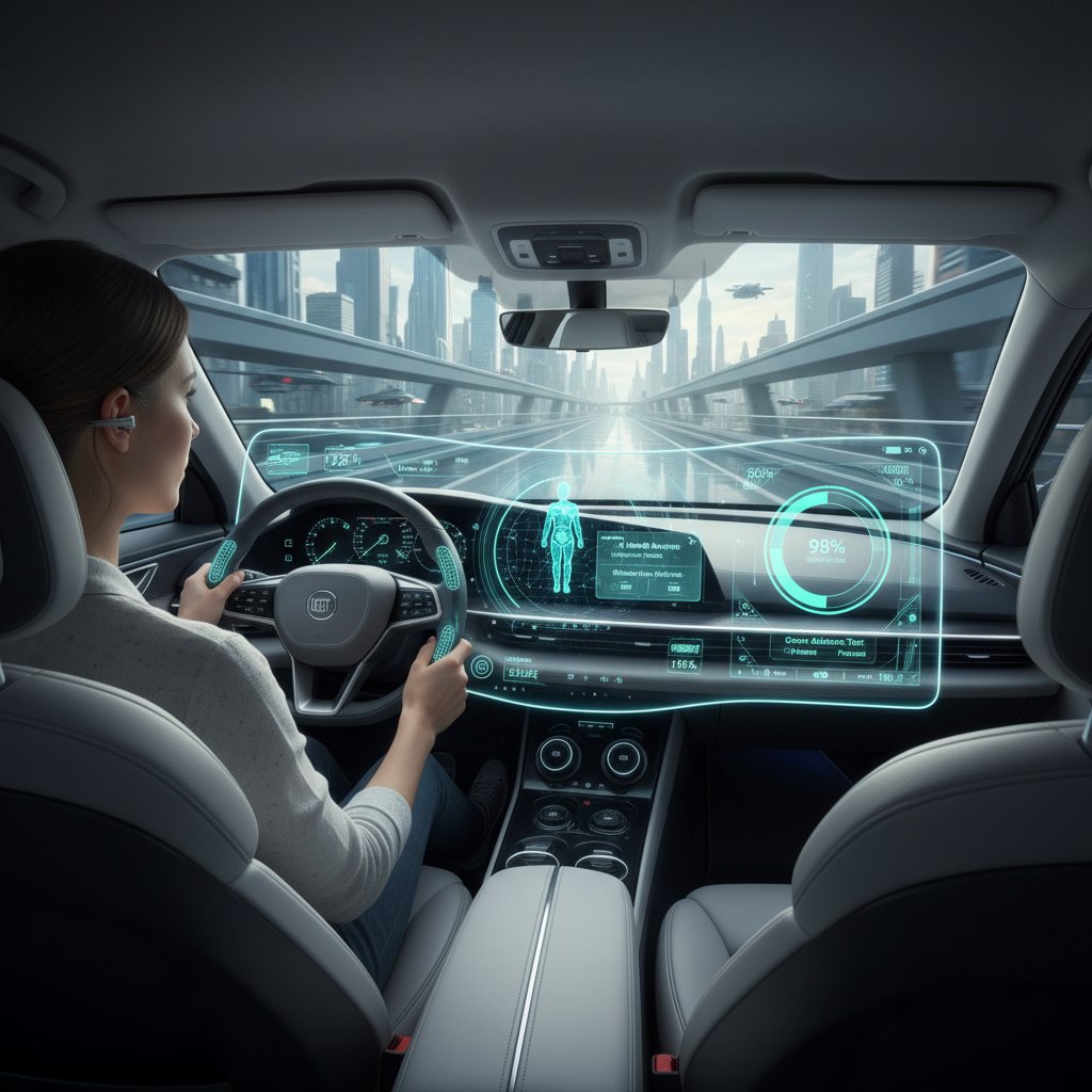 Kierowca korzysta z AI w aplikacji, nowoczesny wystrój, analiza zdrowotna, badania kierowców