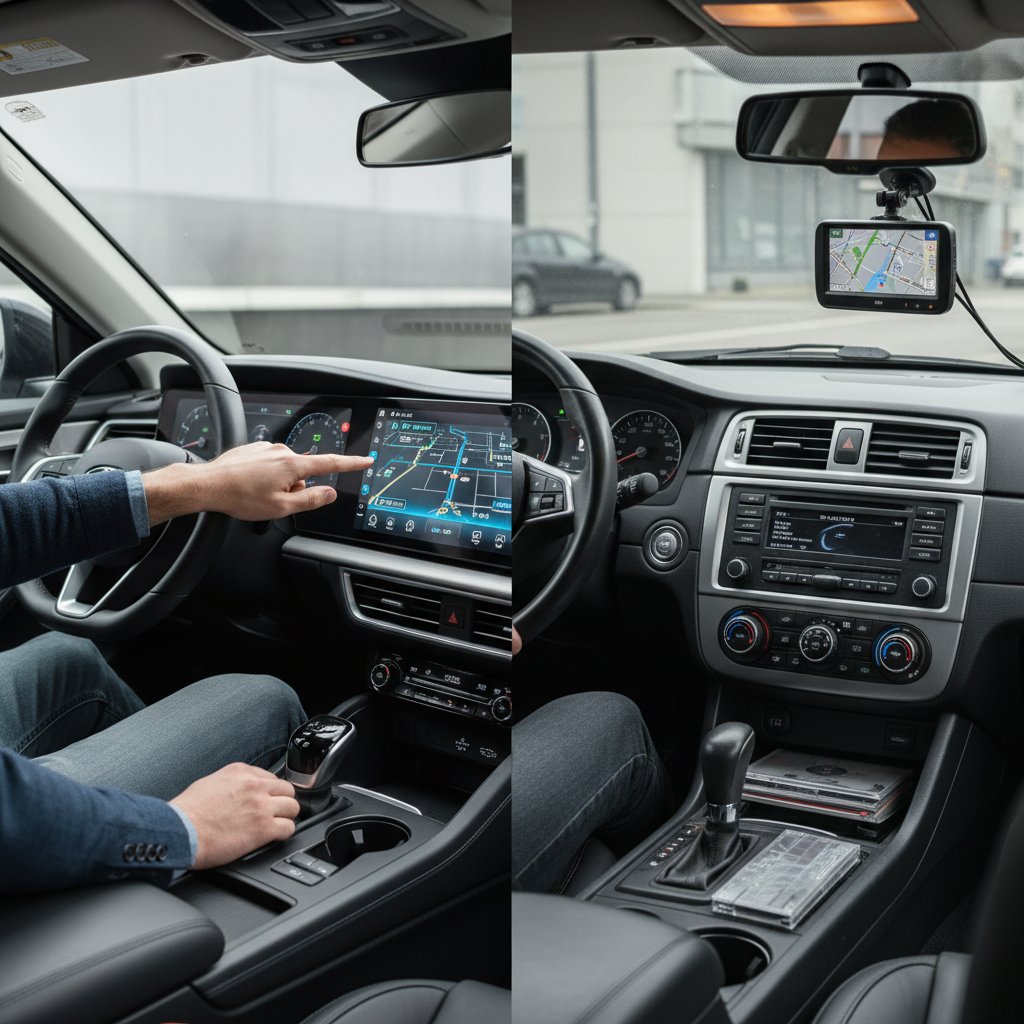 Driver interacting with modern sedan infotainment system, close-up touchscreen, sedan comparison, tech features