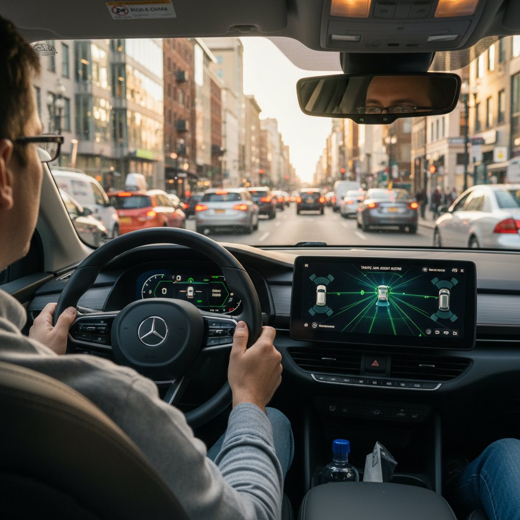 Candid driver using traffic jam assist hands-off in slow city traffic, urban background