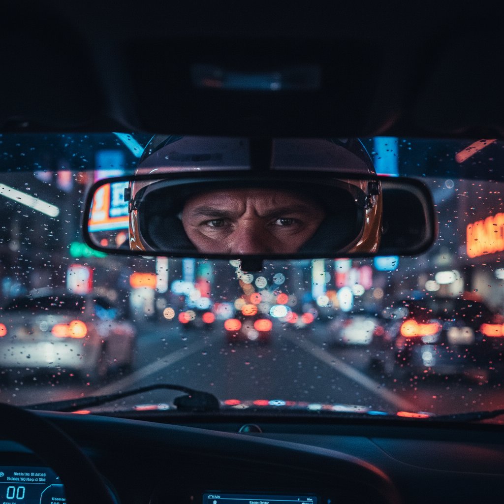 Driver’s intense eyes in rearview mirror with city lights at night, racing movie atmosphere