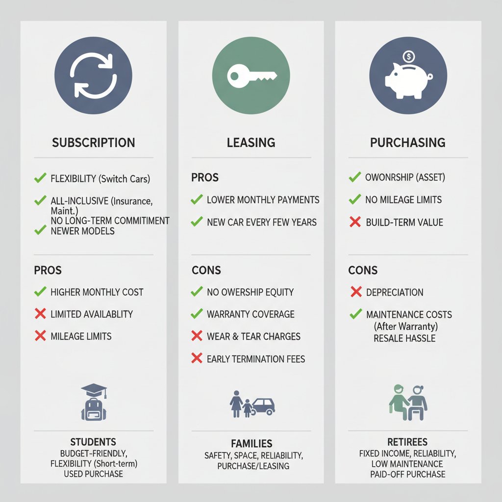 Drivers weighing car subscription, lease, and purchase across life stages including student, family, and retiree