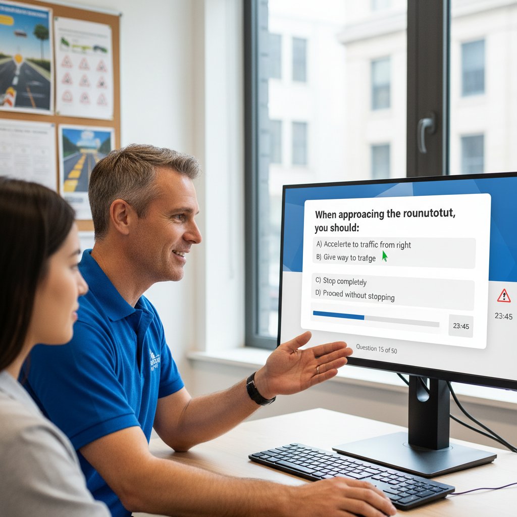 Instruktor tłumaczy algorytm losowania pytań na egzamin teoretyczny prawa jazdy