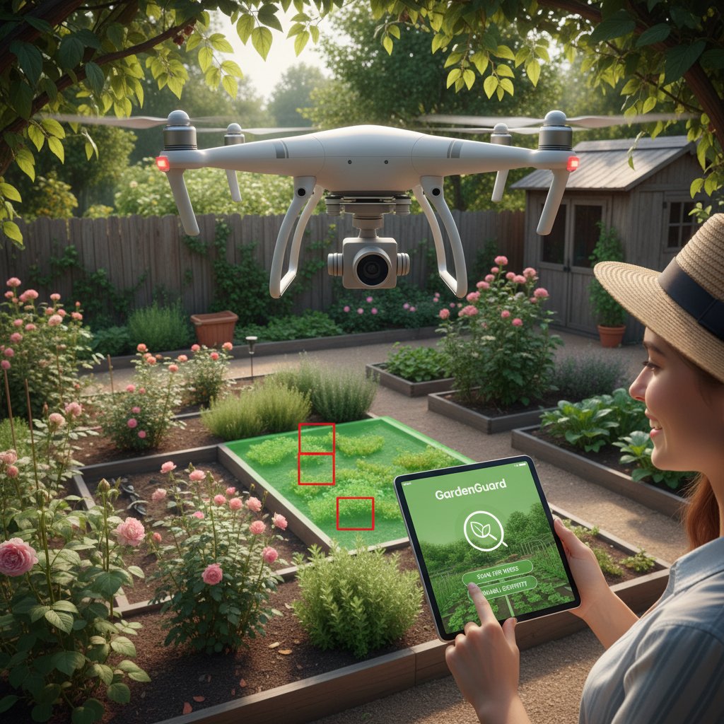 Ogród monitorowany przez drona i aplikację mobilną z wyświetlonymi danymi o chwastach