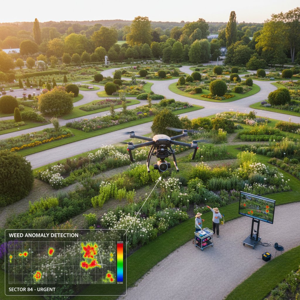 Dron z kamerą przelatujący nad rozległym ogrodem, monitorując obecność chwastów