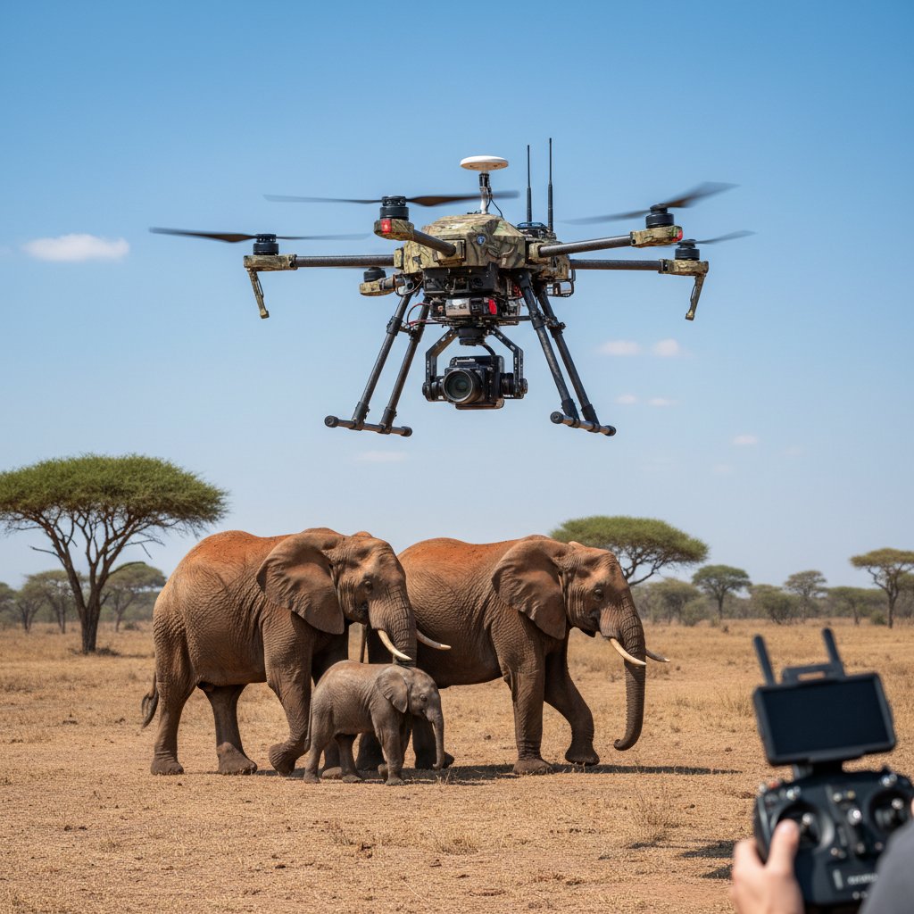 A drone captures an aerial view of wild elephants, symbolizing technology’s new role in wildlife filmmaking