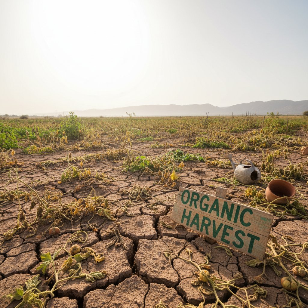 Ogród ekologiczny po suszy – spękana ziemia i wyschnięte rośliny