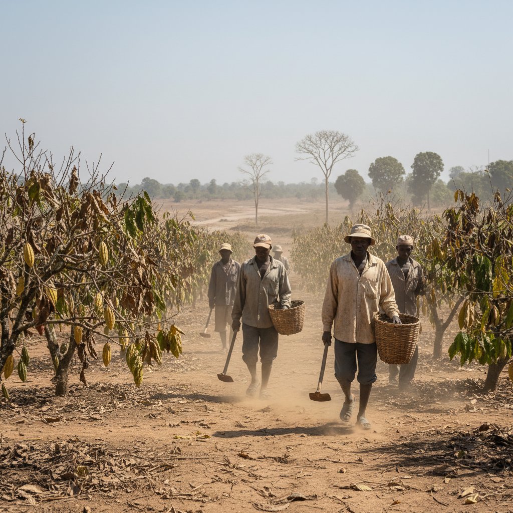 Zniszczone plantacje kakao po suszy, farmerzy, dramatyczna scena w Afryce Zachodniej