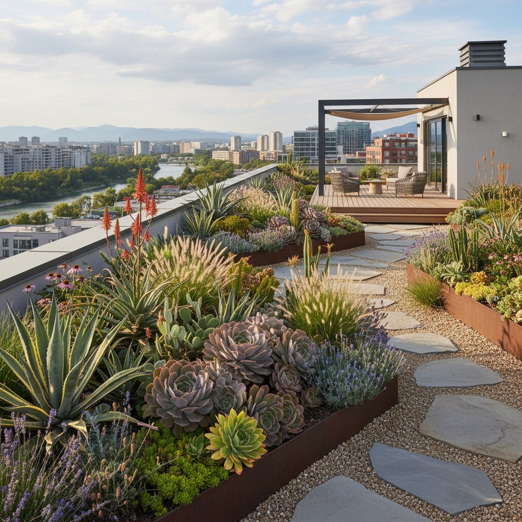 Różnorodne rośliny odporne na suszę w nowoczesnej aranżacji dachowej