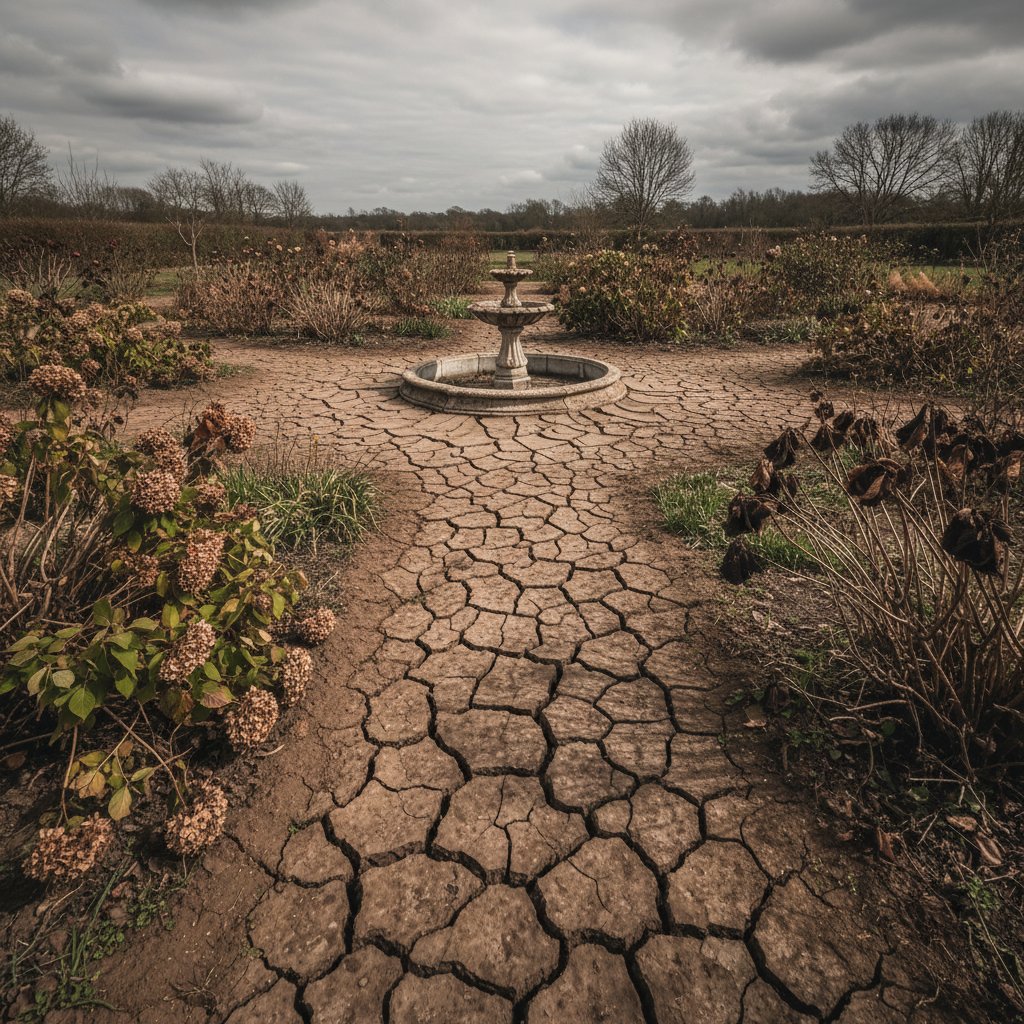 Ogród dotknięty suszą i więdnącymi roślinami
