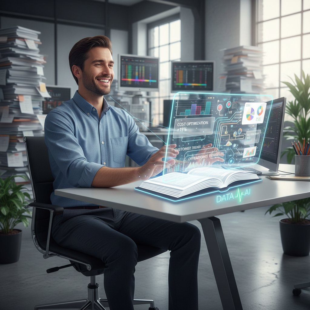 Artistic depiction of a person drowning in spreadsheets, rescued by a lifeline labeled 'context,' representing the dangers of data overload