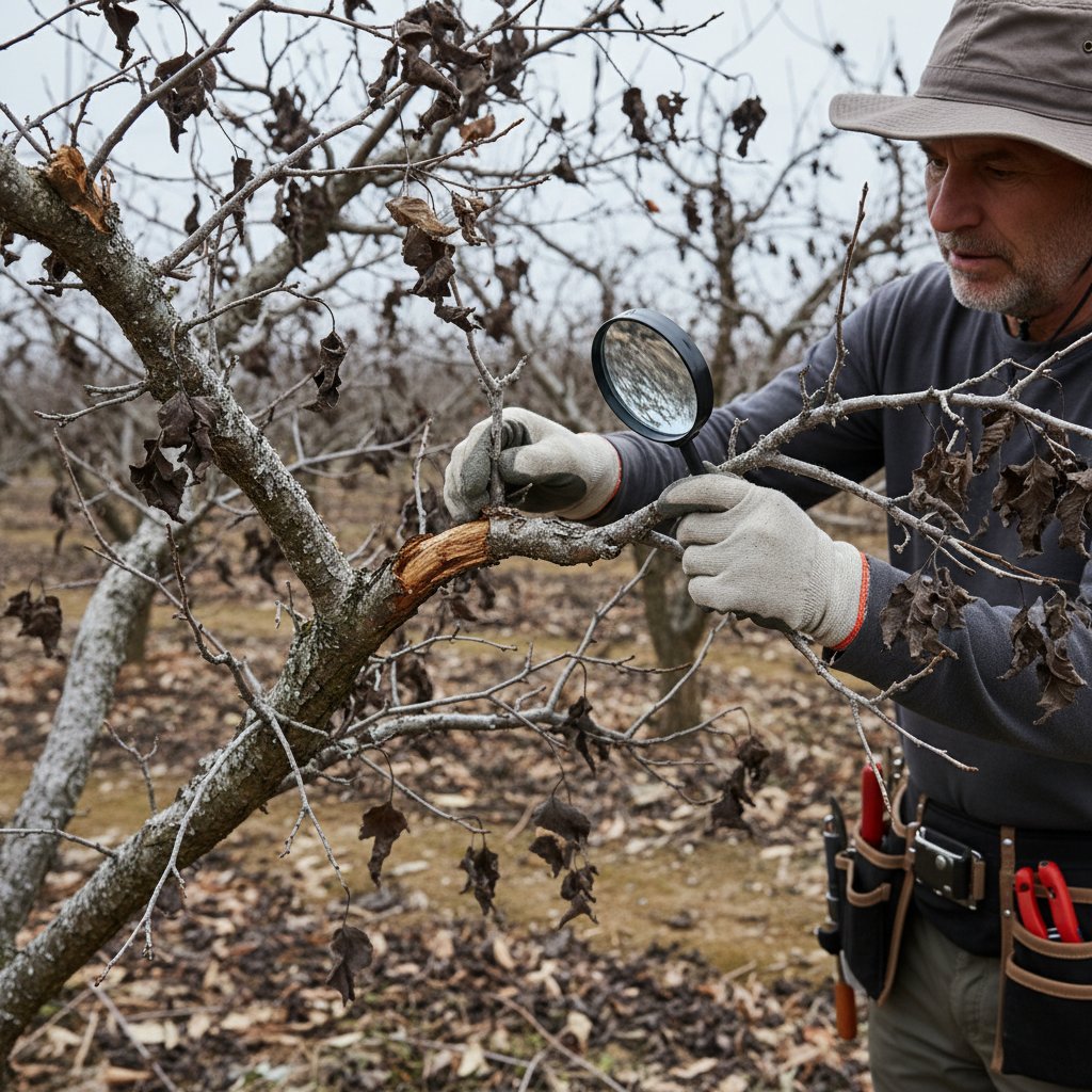 Przesuszone i chore gałęzie drzewa – ogrodnik analizuje stan rośliny