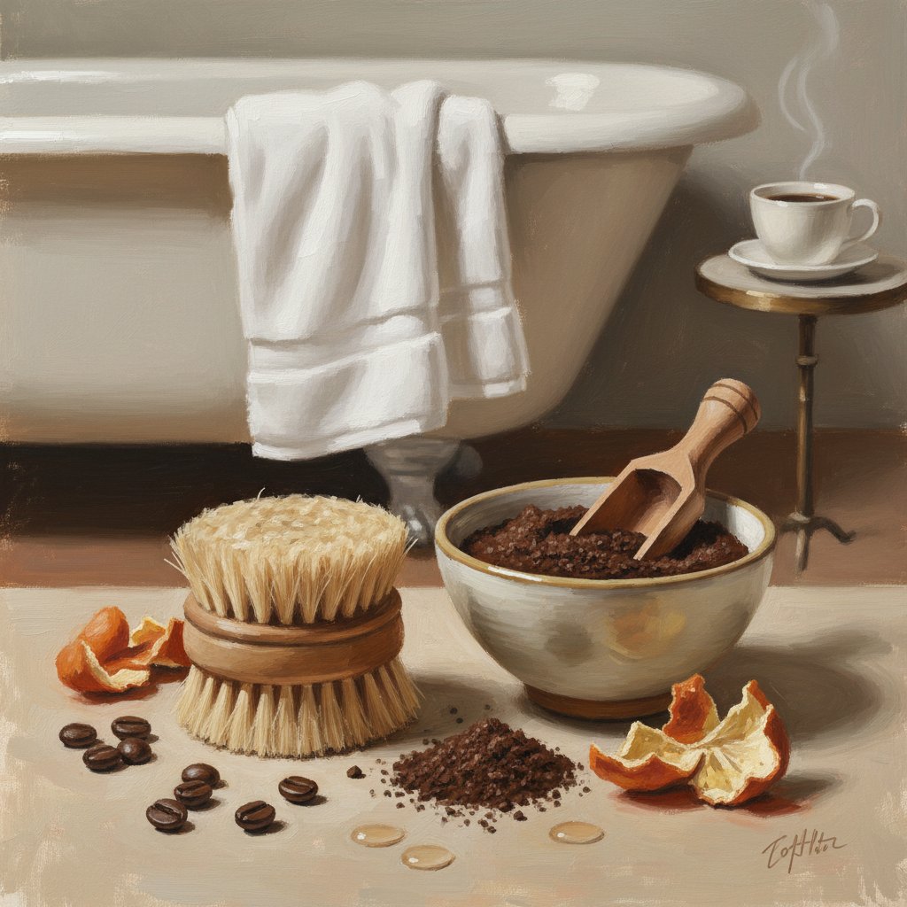 Szczotka do masażu na drewnianym stole, obok kawa, tło domowe, klimat spa