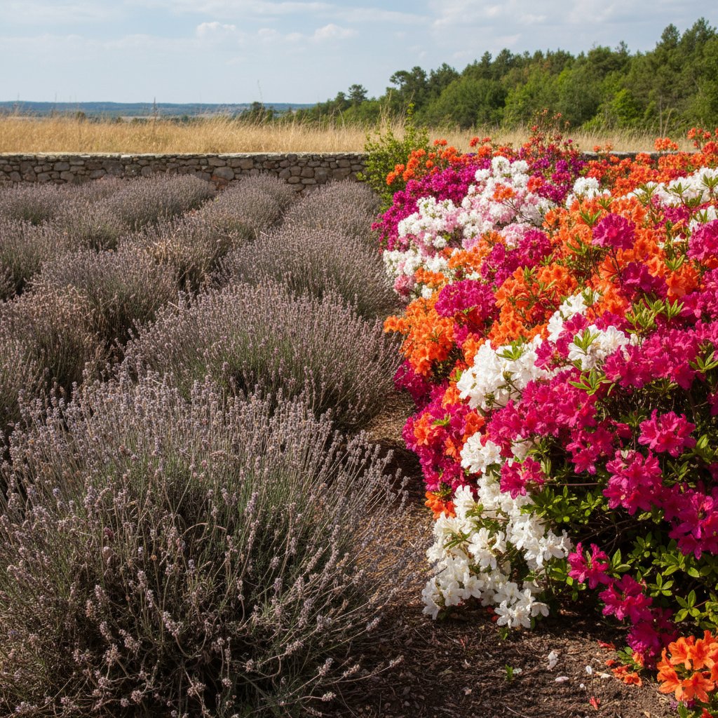 Uschnięta lawenda na tle zdrowej azalii, kontrastująca kompozycja w ogrodzie – symbol błędnych wyborów roślin do kwasowej gleby