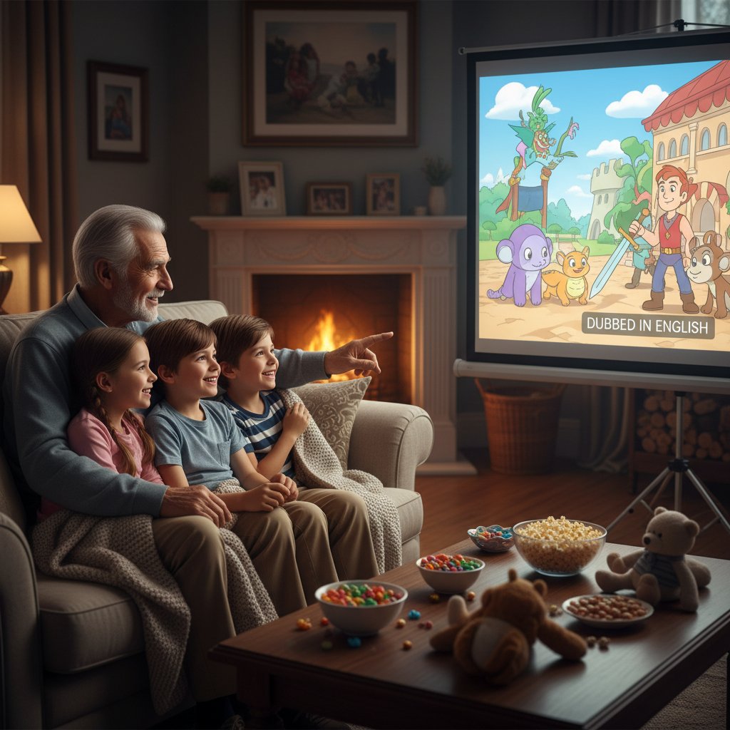 Intergenerational family bonding over a dubbed movie, child and elderly person watching a dubbed animated film with joy