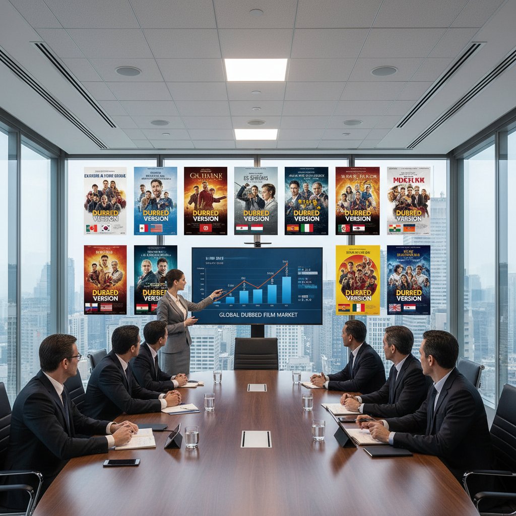 Film executives discussing dubbing strategies for international releases, boardroom meeting with global movie posters