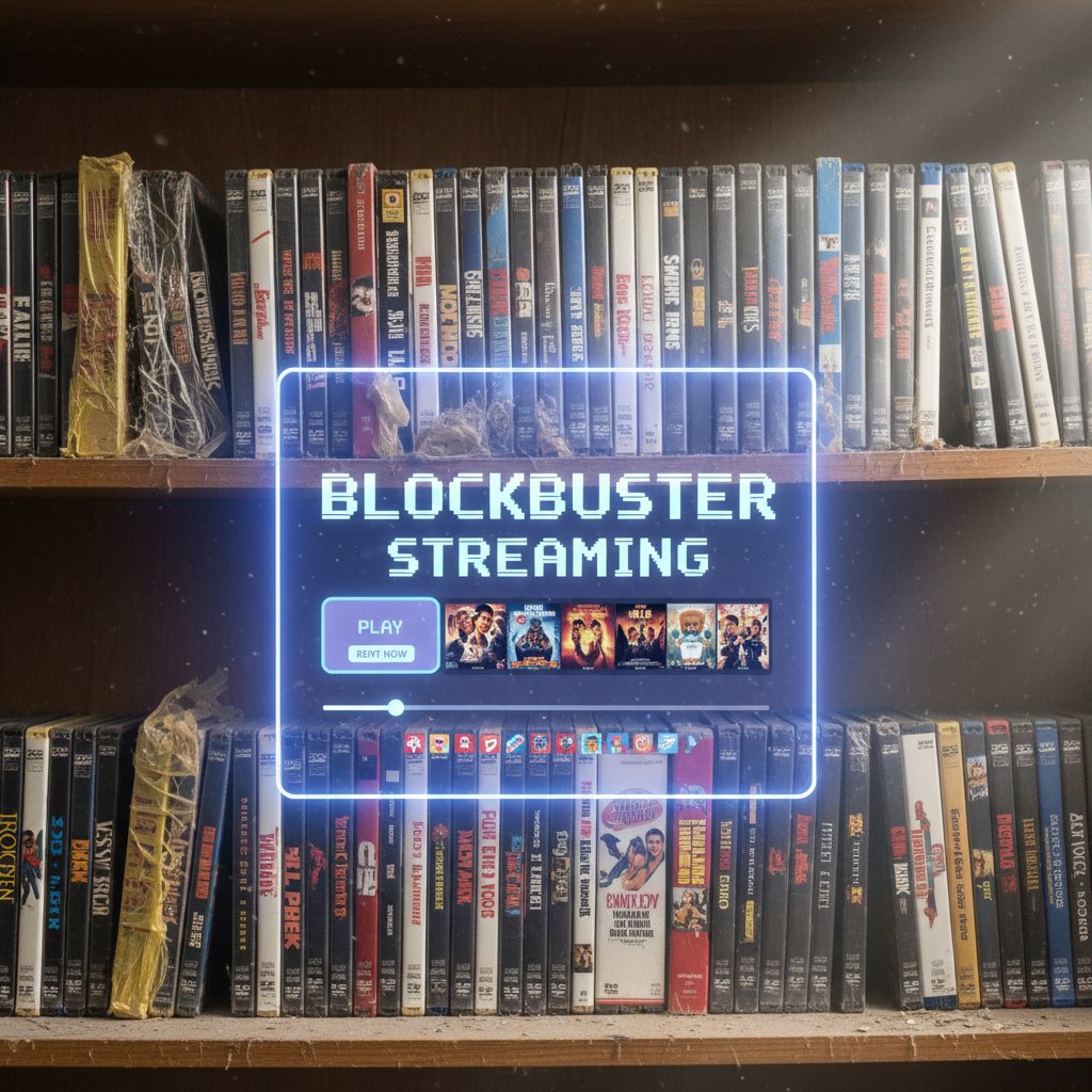 Dusty video store shelves fading into a streaming interface, symbolizing the shift to algorithmic movie curation, with a nostalgic, high-contrast cinematic mood