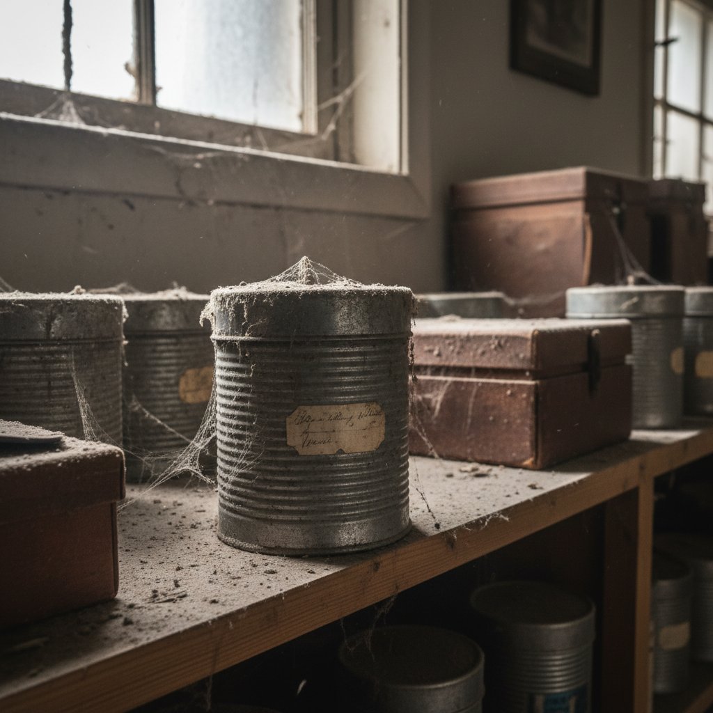Dusty, half-burned film canister abandoned on a forgotten archive shelf, haunting scene evoking lost vintage movies