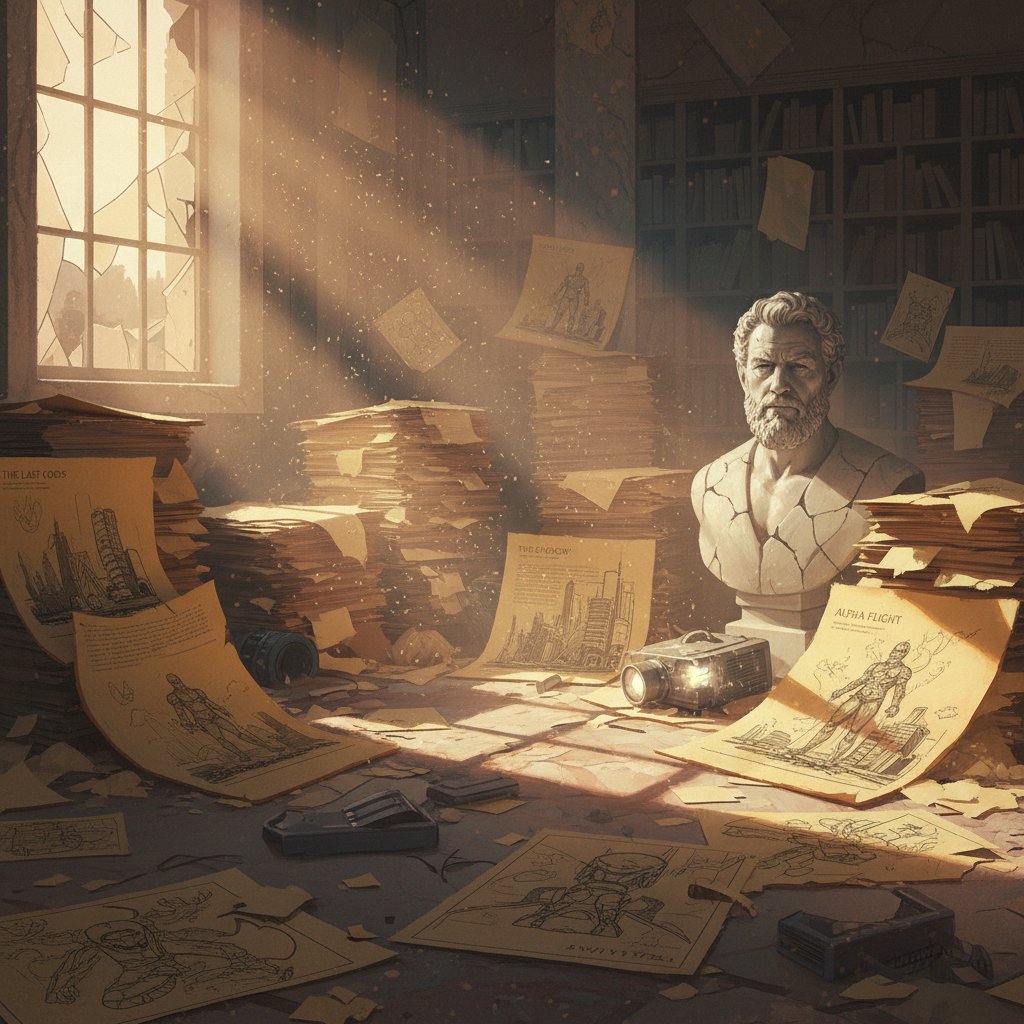 Dusty script pages and concept art, dramatic lighting, symbolizing lost Zack Snyder movie projects