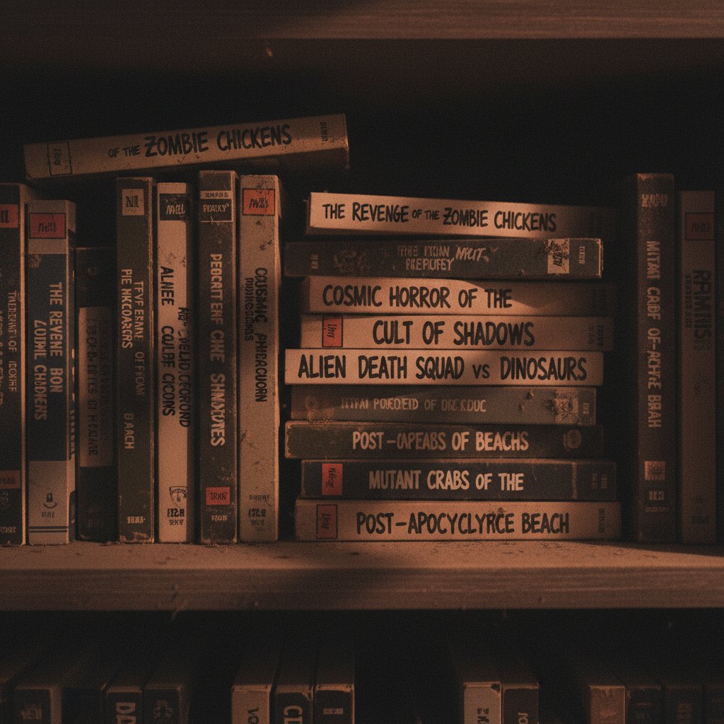 Dusty VHS tapes labeled with obscure time-stop movie titles, dramatic shadows symbolizing hidden gems in the genre