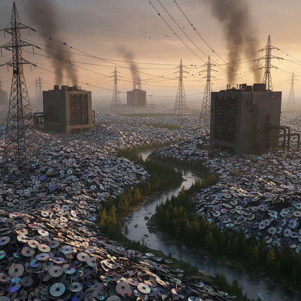 A photo of a landfill with scattered DVDs in the foreground, server farms and power lines in the background