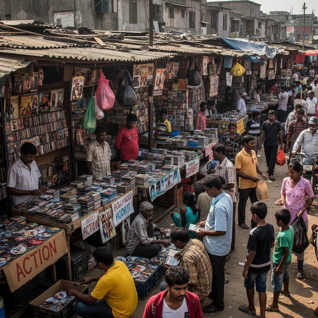 A bustling market in an emerging country, vendors selling DVDs, people browsing, lively scene