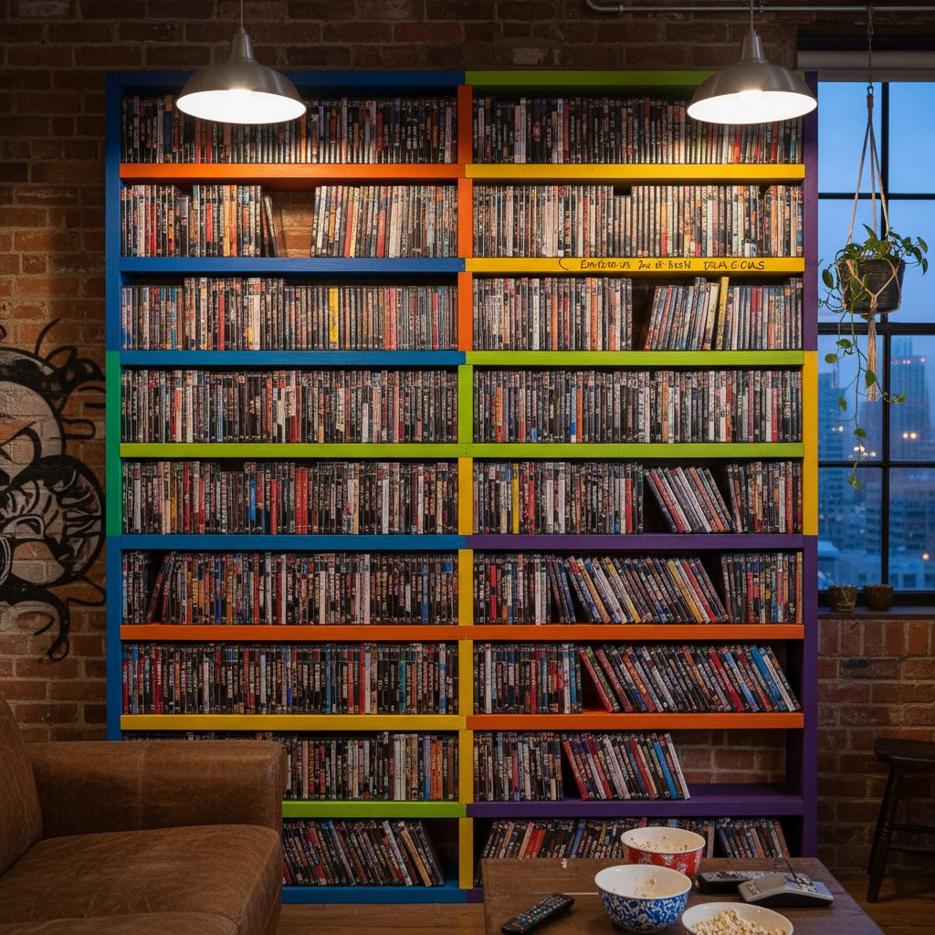 A gritty, high-contrast photo of a crowded shelf overflowing with DVD movies, rare cult titles visible, urban setting, cinematic lighting
