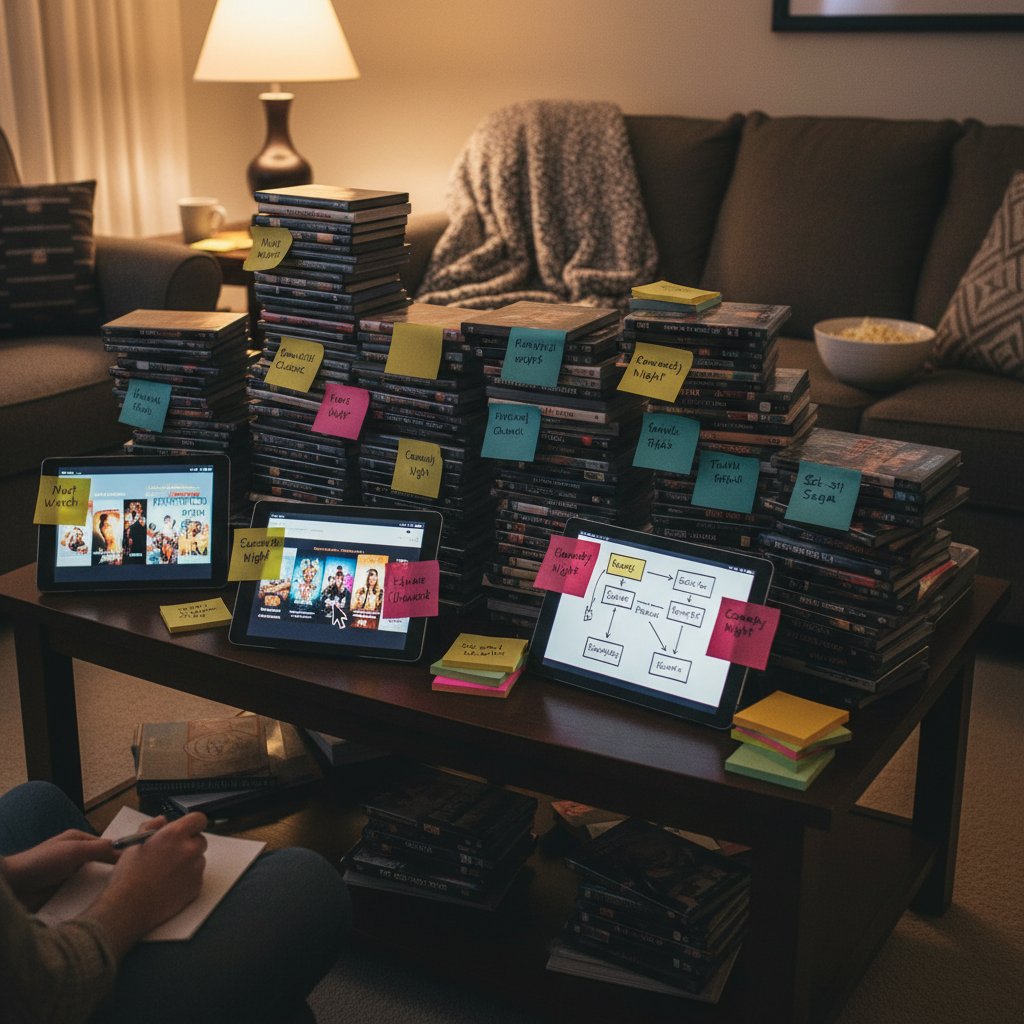 Piles of DVDs and a tablet with sticky notes organizing a movie marathon, representing curation and variety in planning.
