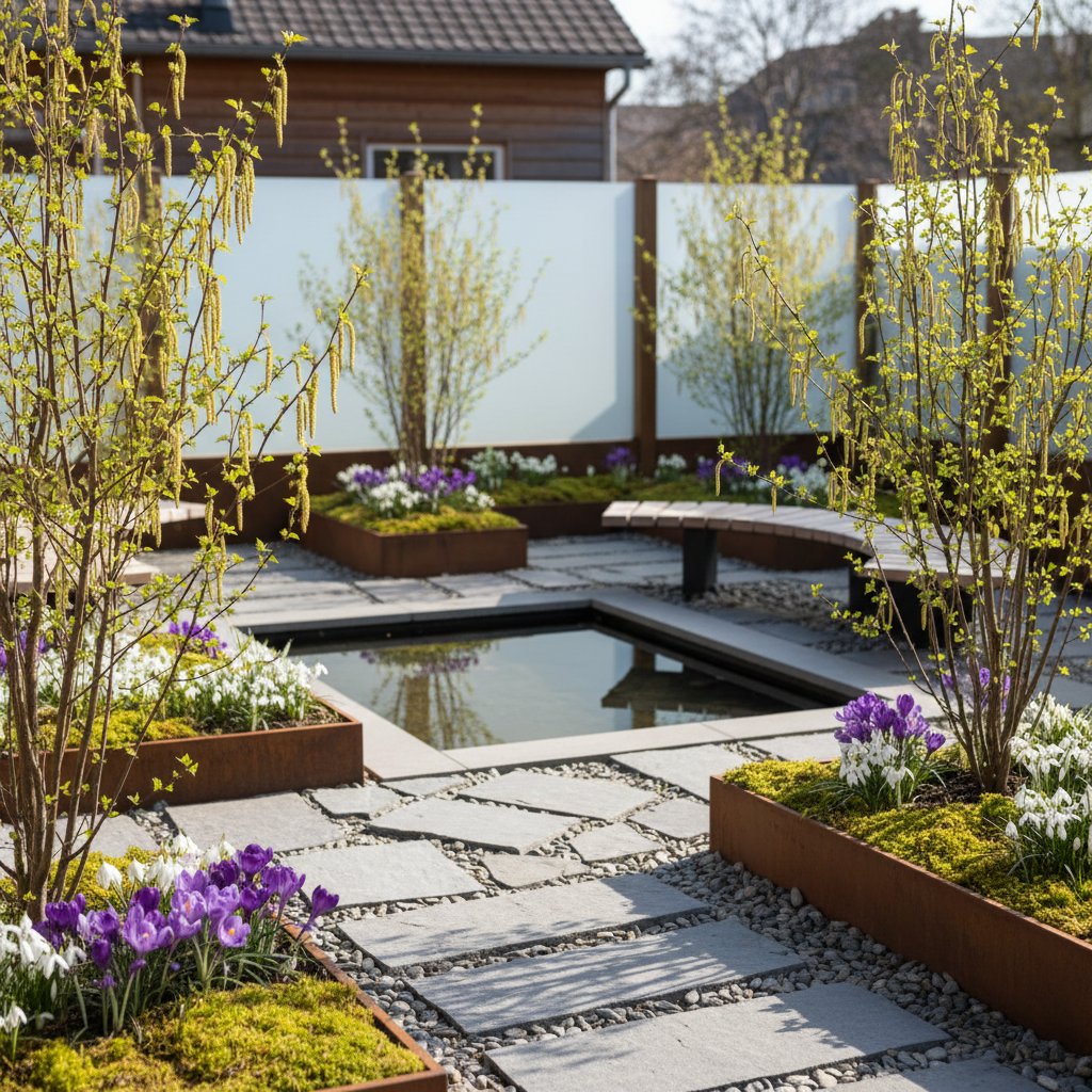 Karłowa brzoza Youngii w małym współczesnym ogrodzie, wiosenna aura