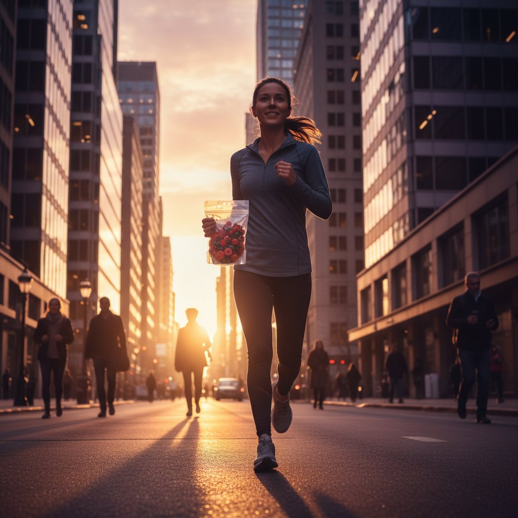 Dynamiczna postać biegnąca przez miasto z przekąską, wschód słońca, pozytywny nastrój