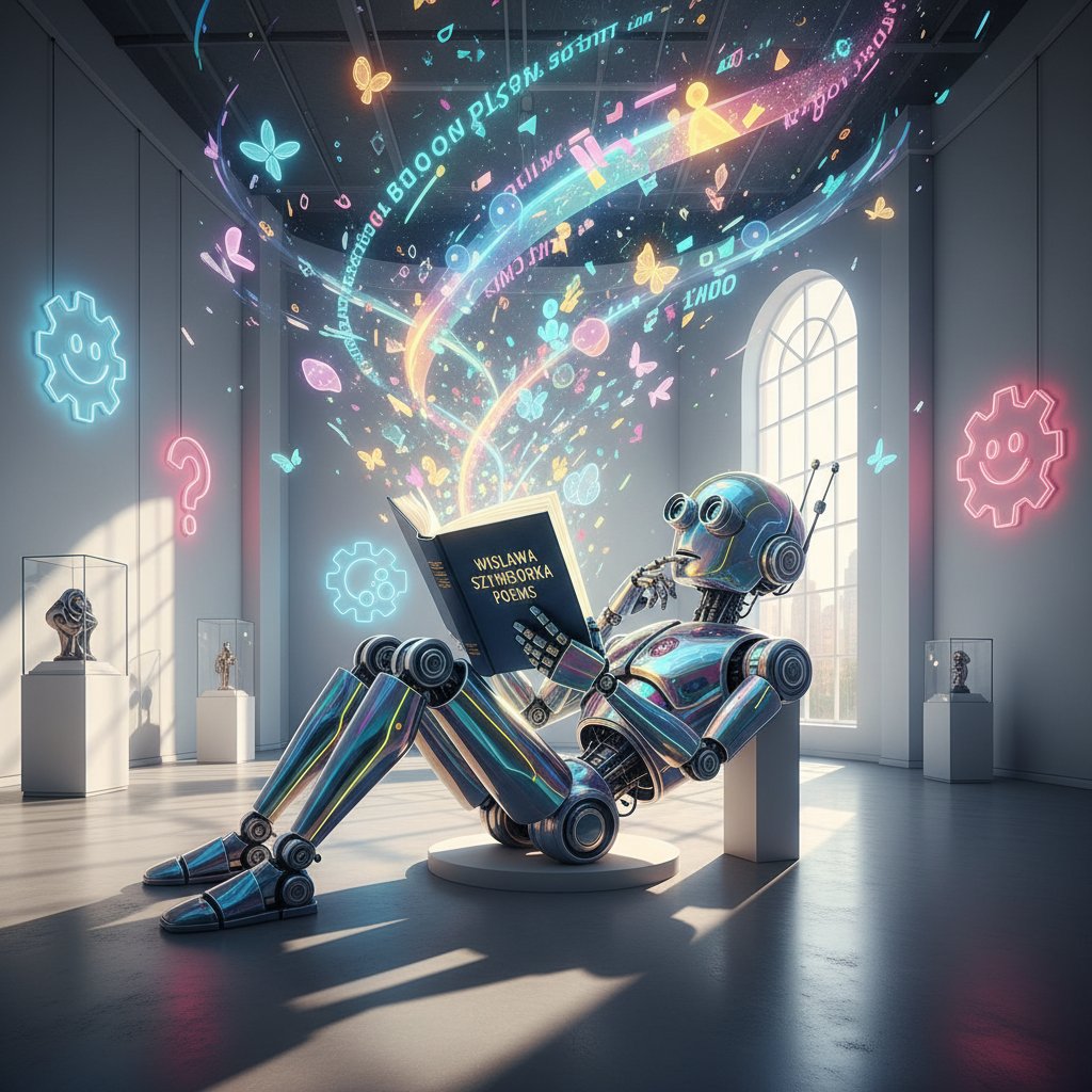Robot czytający poezję Szymborskiej, galeria sztuki – AI w literaturze, sztuka generatywna