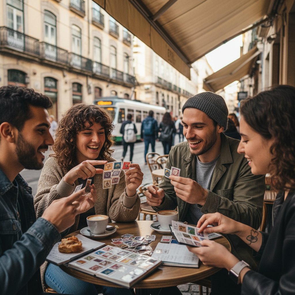 Młodzi kolekcjonerzy wymieniający się znaczkami w kawiarni