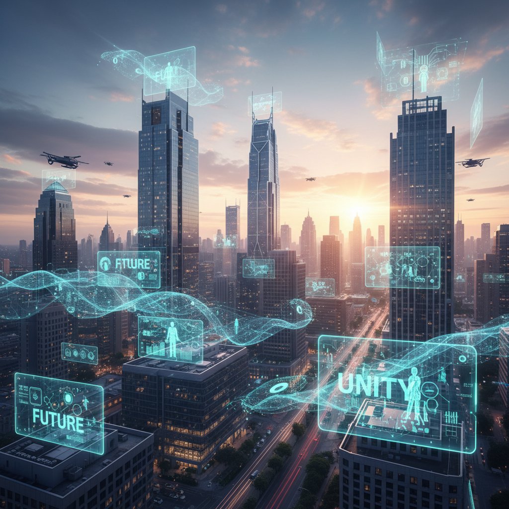 Dynamiczna panorama miasta, hologramy AI na niebie o świcie, nastrój nadziei