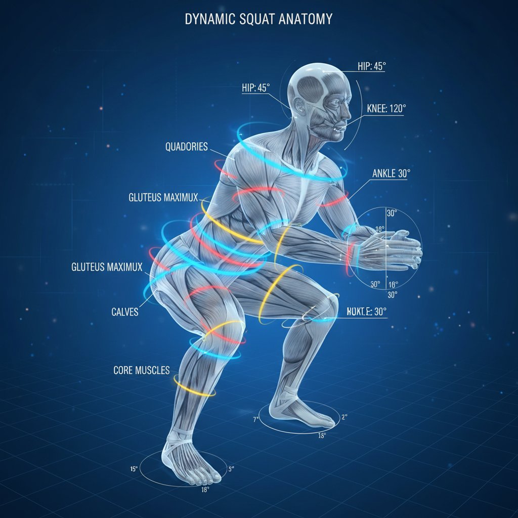 Schematyczne zdjęcie osoby wykonującej przysiad z podkreślonymi stawami i mięśniami – biomechanika, kontuzje fitness