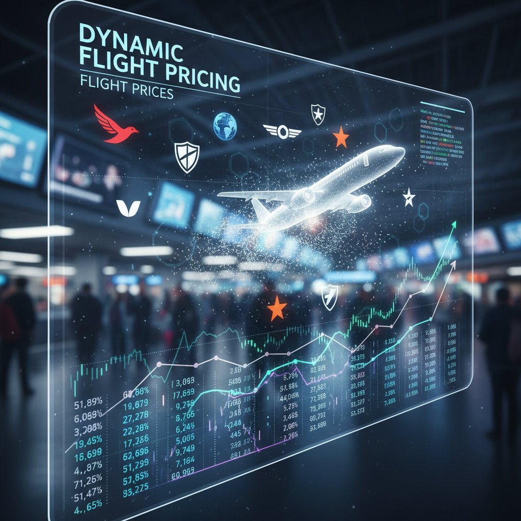 Flight prices morphing on a digital display, data codes blending with airline logos, mood of intrigue