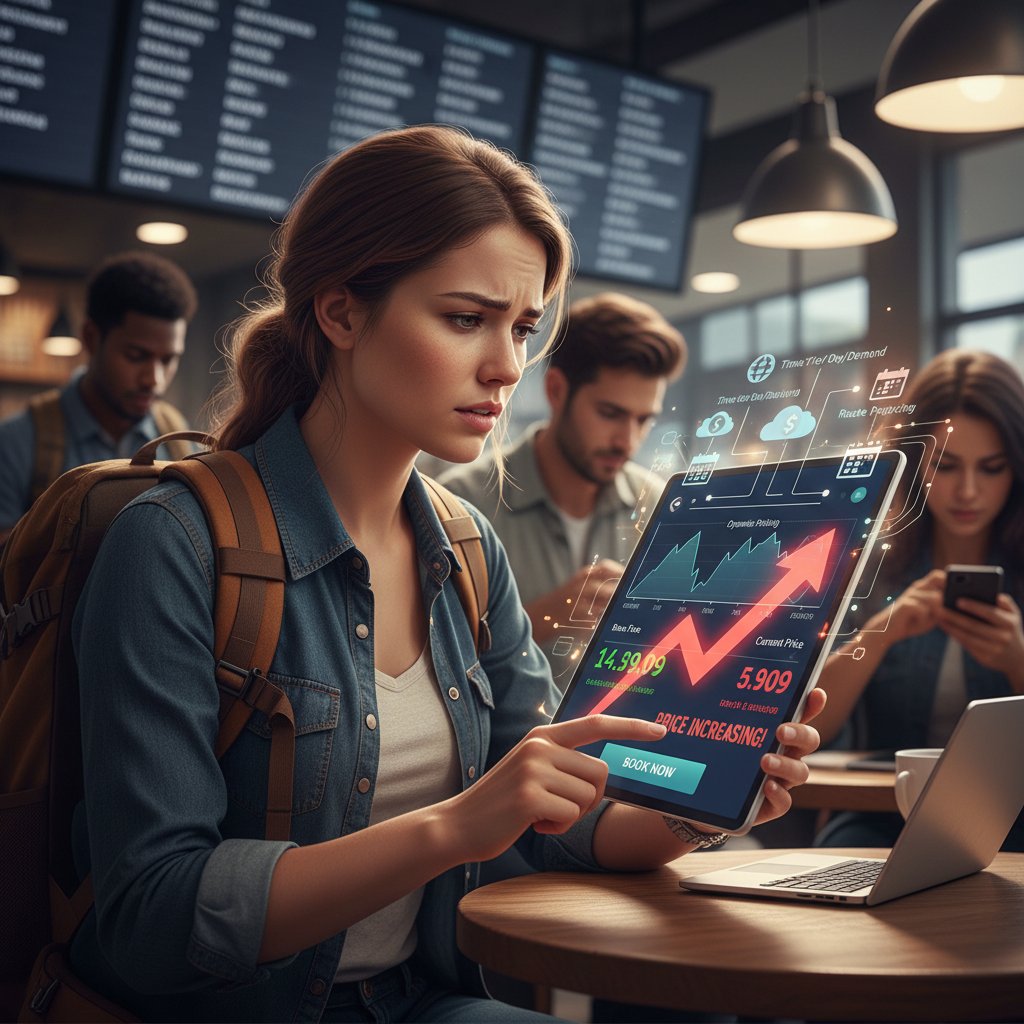 Traveler reacts to changing flight prices on a mobile app, symbolizing dynamic pricing and the shifting psychological landscape of booking flights in 2025
